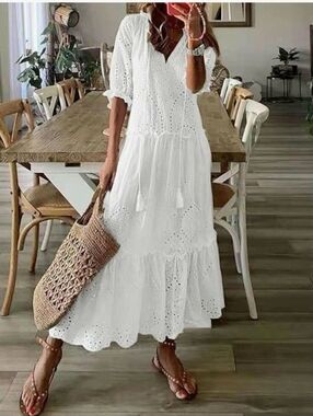 Made With Love ❤️ Womens Tiered White Eyelet Lace Maxi Dress Size Large